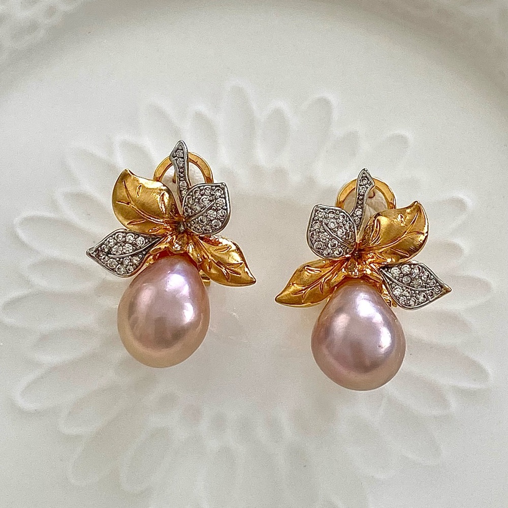 E63-Handmade Pink Edison Pesarl Two Tone Earring - Picture 9 of 9